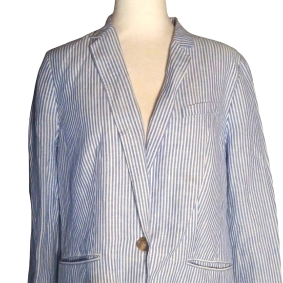 Talbots Blue White Breton Stripe Linen Cotton Blend Single Button Blazer Size 12 - Picture 2 of 8